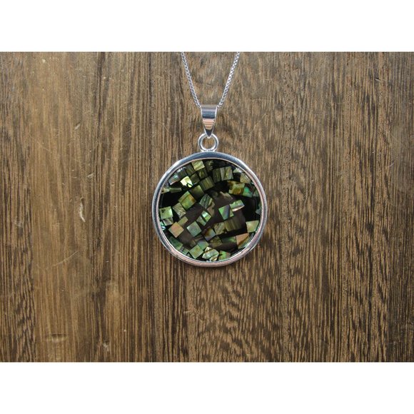 Jewelry - 18 Inch Sterling Silver Large Circle Abalone Shell Pendant Necklace